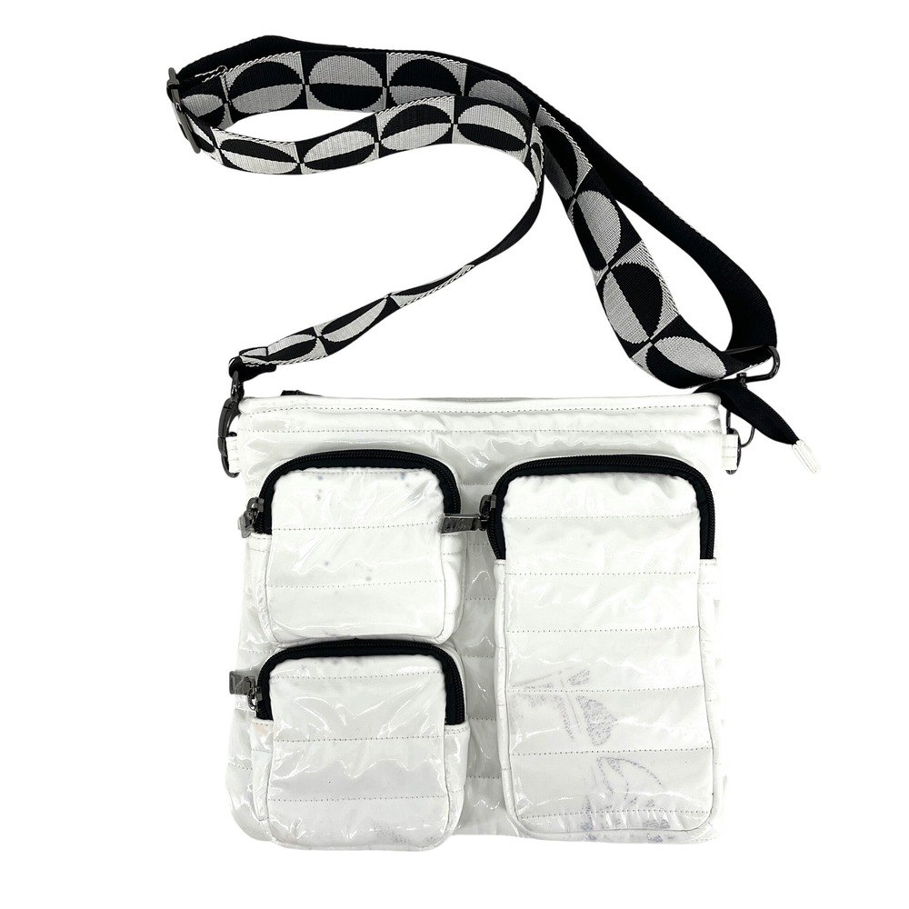 THINK ROLYN White Puffer Crossbody Bag with Graphic Strap - Picture 1 of 7